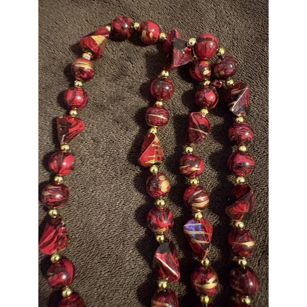 Deep red with gold beaded necklace 24"